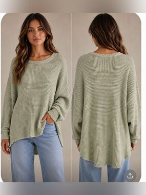 Oversized Batman sleeve Casual Waffle-Knit Long Sleeve Sweater - Sage Green